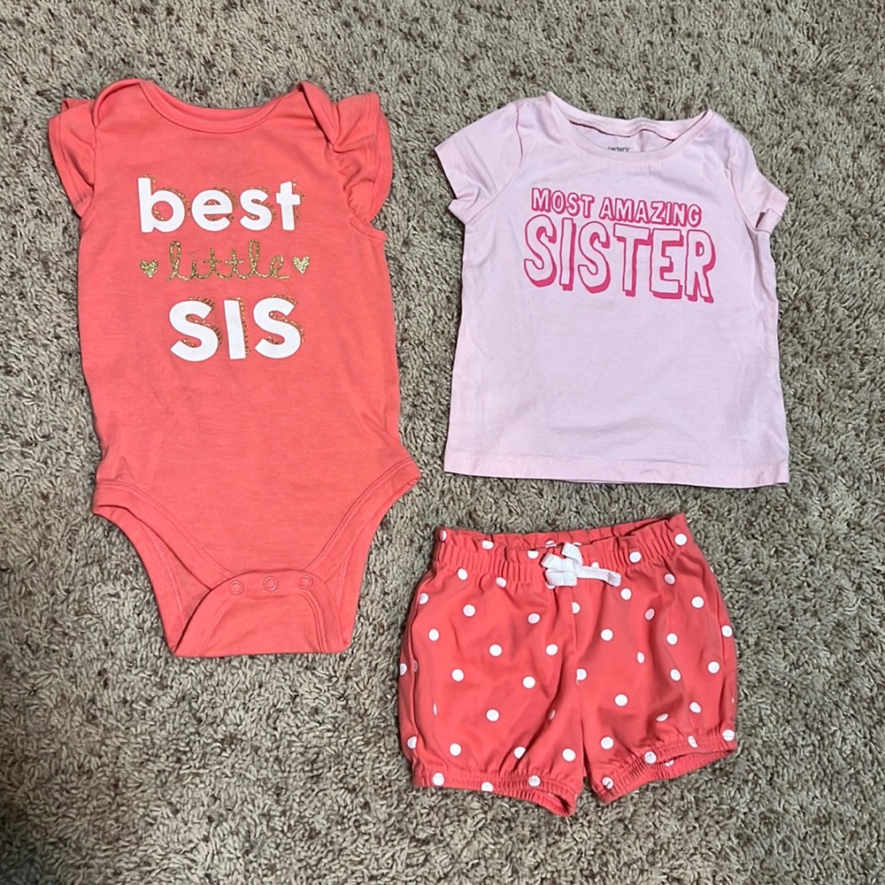 Like new/lightly used 3-piece “best little sis” & “most amazing sister” 12M set